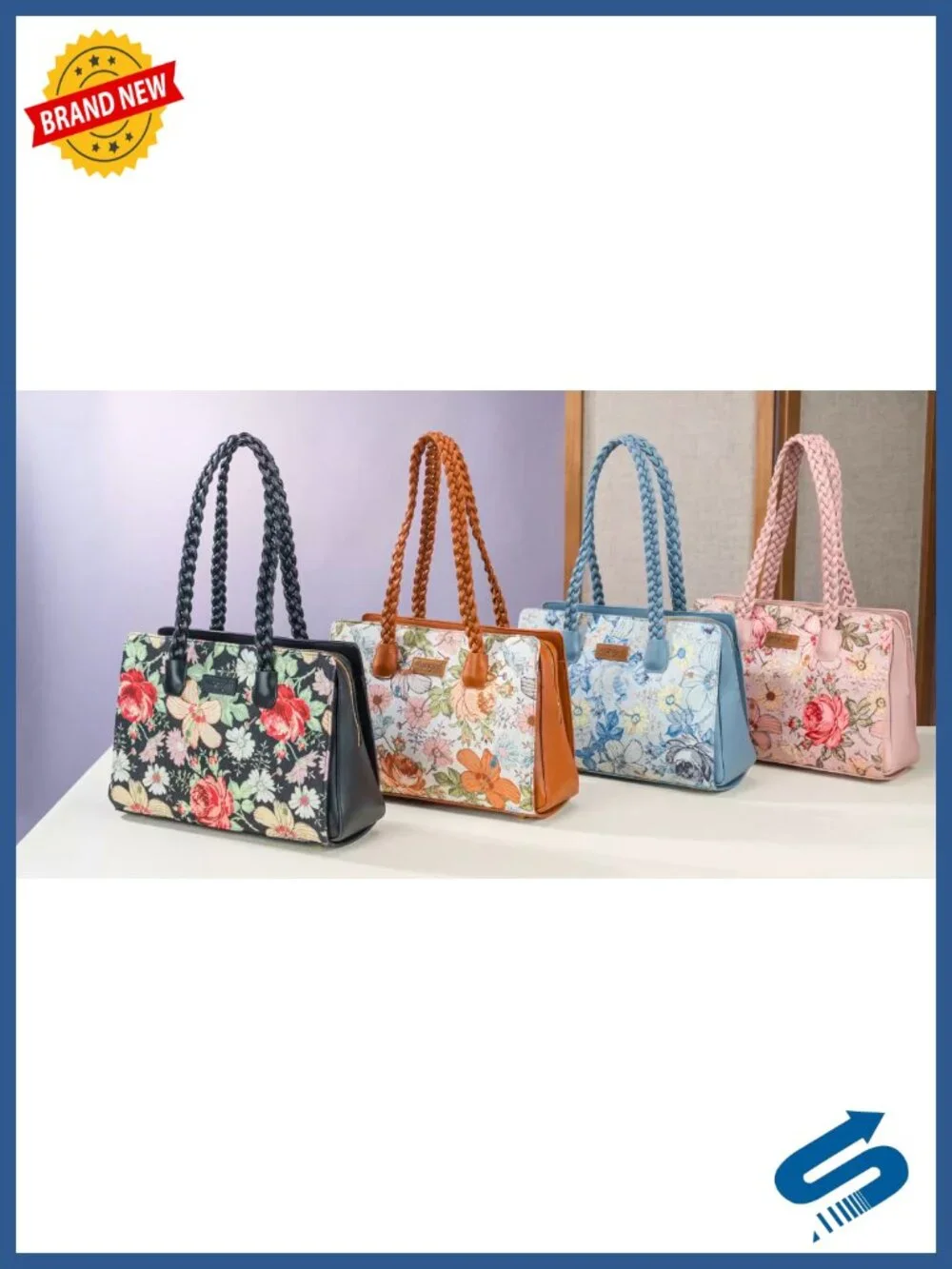 PU Leather Floral Print Braided Satchel Purse with Zipper Closure